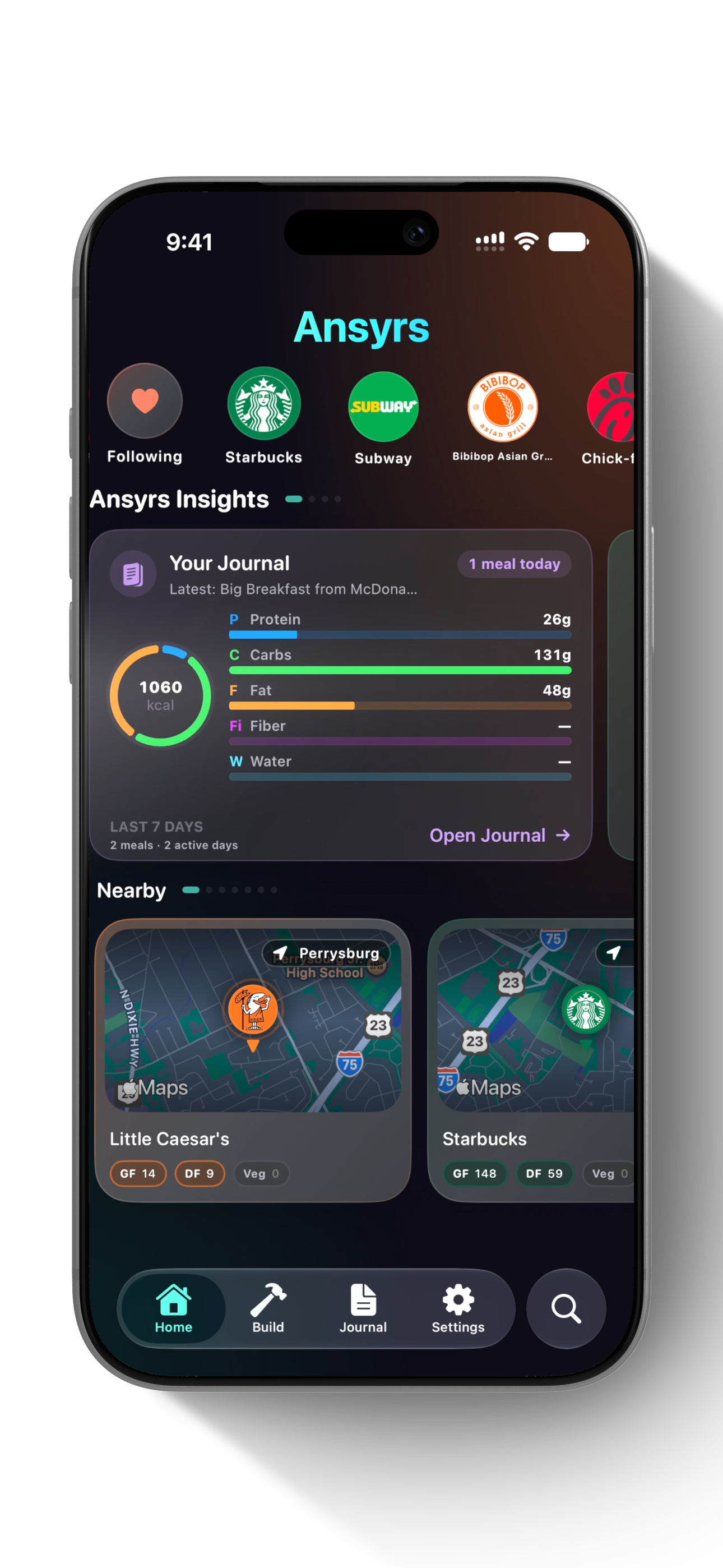 Ansyrs home screen with nutrition insights and nearby restaurants